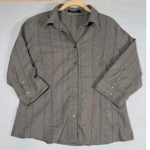 One Touch Women Olive Green Pinstripe Button Down Shirt 3/4 Sleeve Size EUR 40
